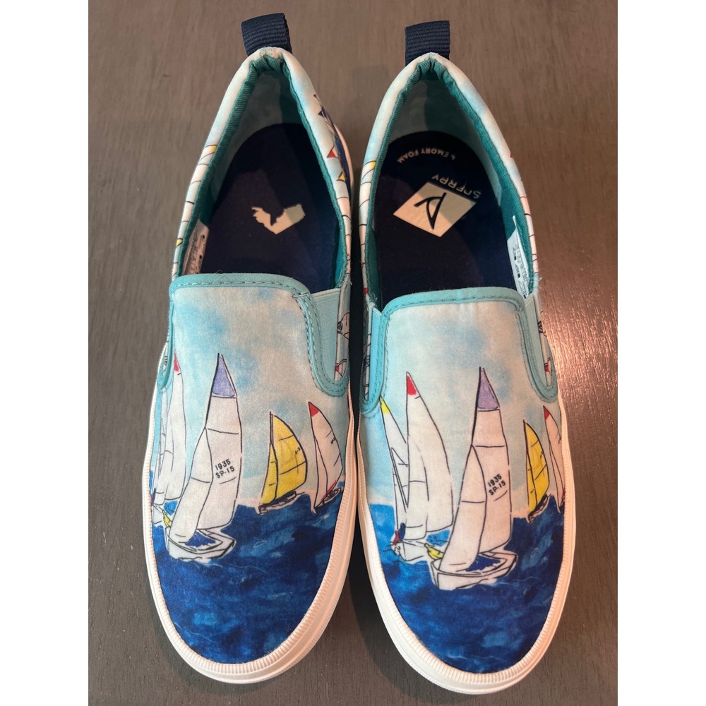 Sperry Crest Vibe Sailboat Print Slip On Sneakers Blue Women's  7.5 Nautical